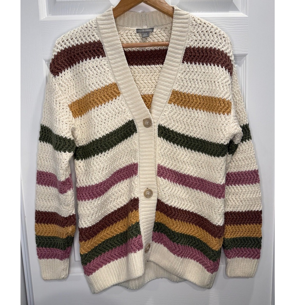 Falls Creek Striped Chunky Knit Grandpa Cardigan Sweater S/M‎ Boho Cottagecore